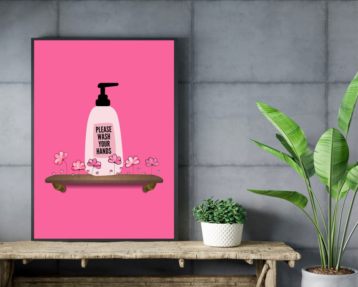 Please Wash Your Hands Soap Bottle Pink Floral Bathroom Print - Image 3