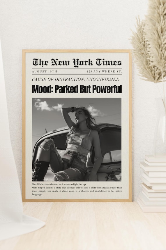 Parked But Powerful Newspaper Headline Vintage Car Fashion Print