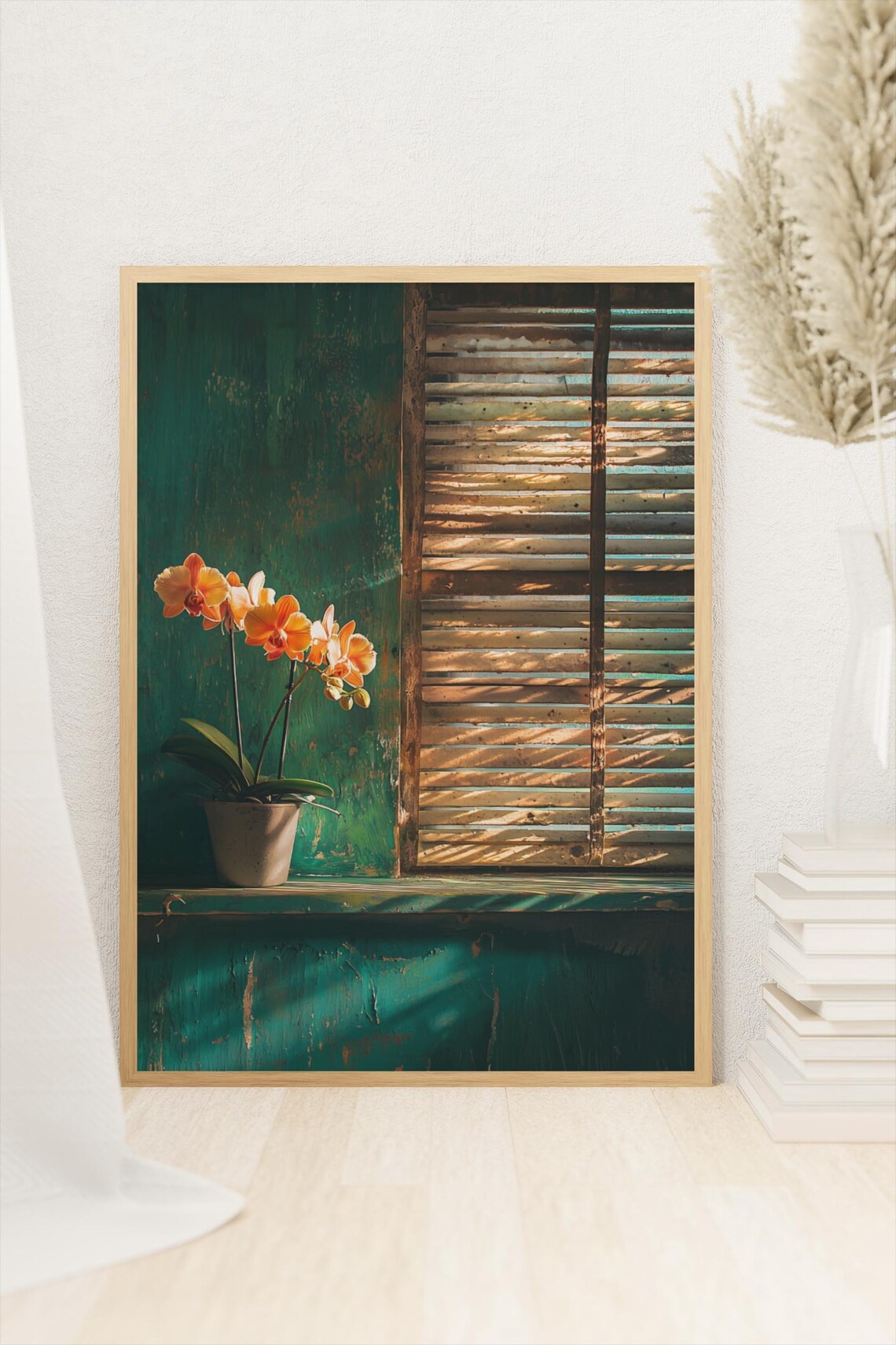 Orange Orchid Bamboo Shutter Green Room Vintage Still Life Print