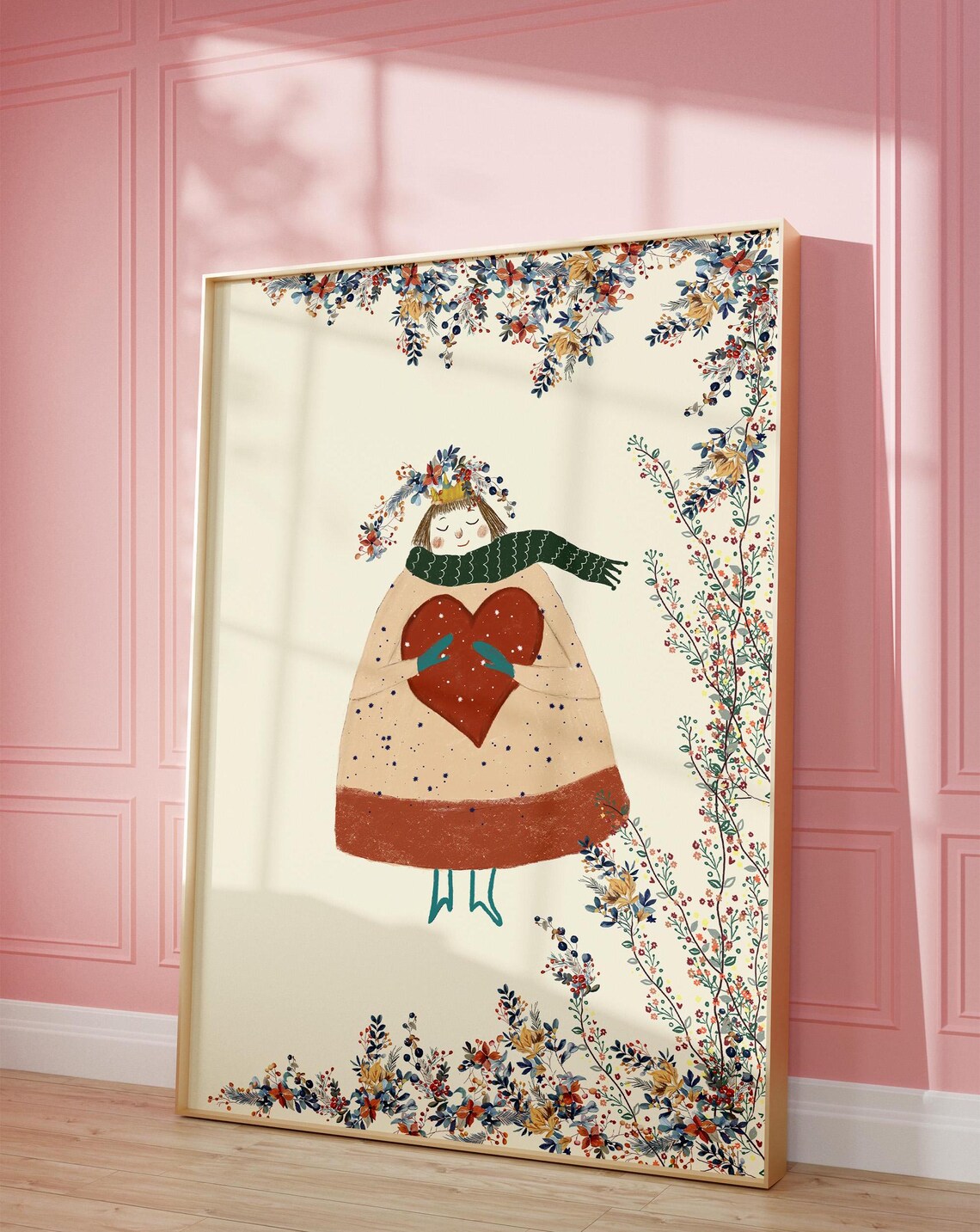 Winter Girl Holding Red Heart In Floral Frame Cozy Folk Poster - Image 2