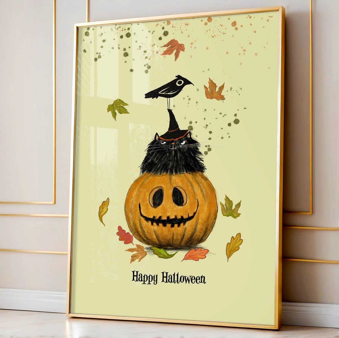 Black Cat In Witch Hat On Jack O Lantern Happy Halloween Poster - Image 2