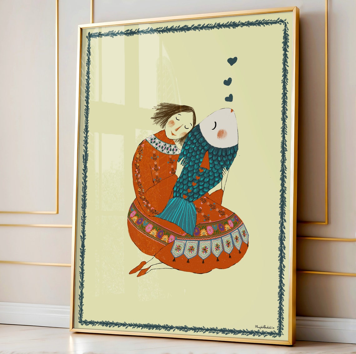 Girl Hugging Giant Teal Fish With Hearts Whimsical Folk Poster - Image 2