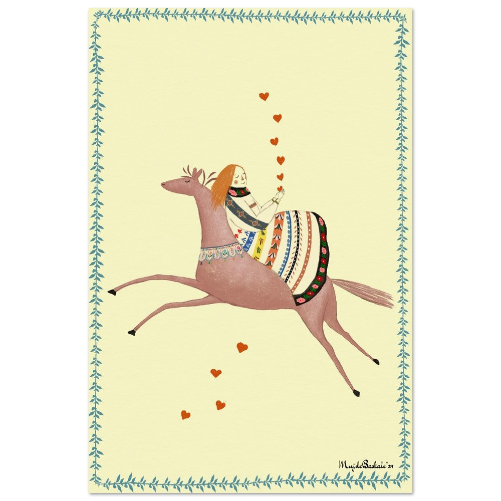 Girl Riding Galloping Horse With Hearts Folk Art Nursery Poster