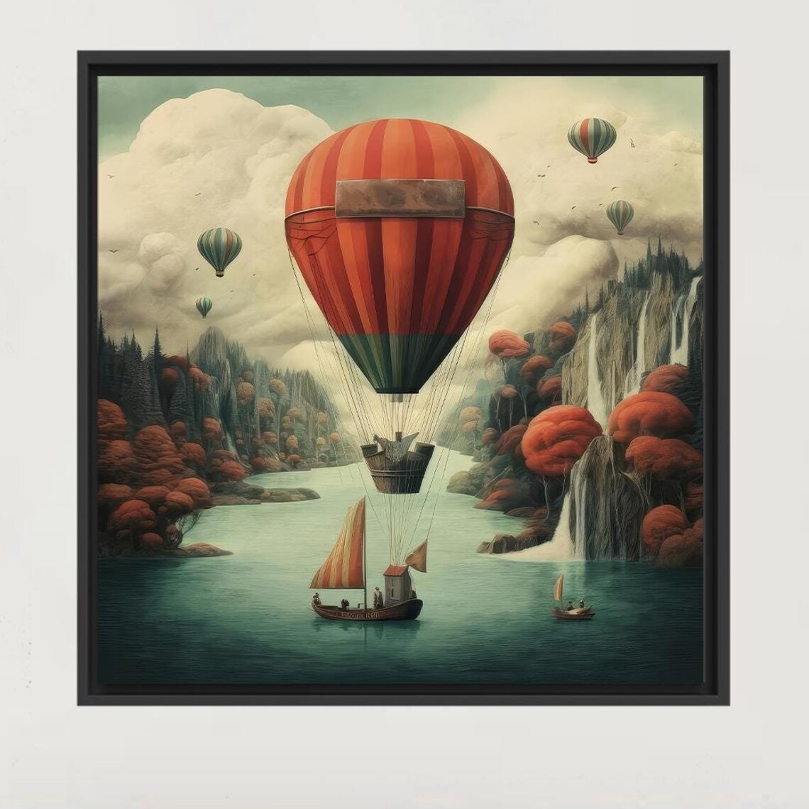 Hot Air Balloon Fantasy Lake Vintage Storybook Adventure Art Poster