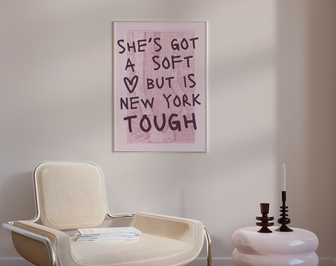 She's Got A Soft Heart But Is New York Tough Pink Map Quote Poster - Image 3