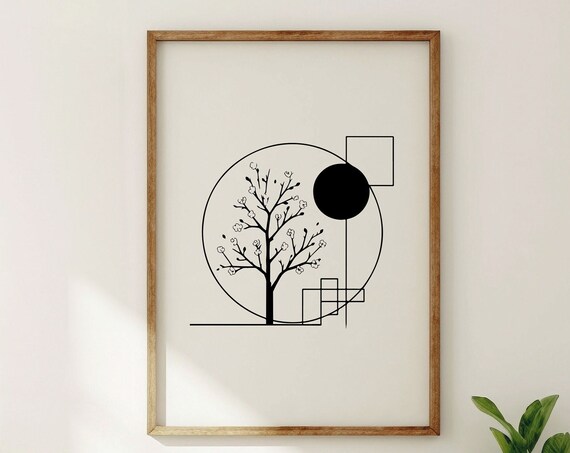 Geometric Cherry Tree Poster For Minimalist Japandi Home Wall Art I Black And White Line Art Print Of Cherry Blossom Tree I Korean Style