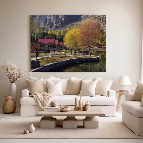 Autumn Lake Red Roofed Resort Golden Trees Mountain View Poster