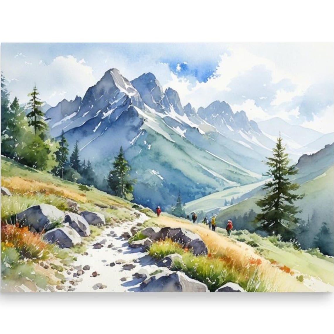 Sawtooth Range Painting Idaho Mountain Landscape Watercolor Art Print Hiking Trail And Mountaineers Art Pine Trees Art Idaho Travel Poster