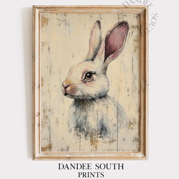 Vintage Bunny Wall Art Painting Country Farmhouse Rustic Spring Rabbit Decor Easter 051