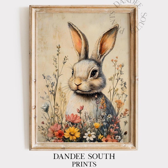 Vintage Bunny Wall Art Painting Country Farmhouse Rustic Spring Rabbit Decor Easter 045