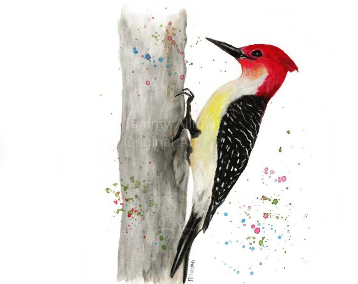 Red Headed Woodpecker Climbing Tree Trunk Watercolor Art Poster - Image 5