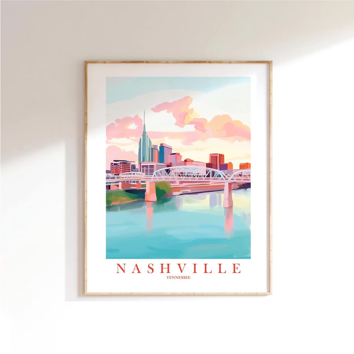 Nashville Travel Poster Dorm Bedroom Family Tennessee Print Retro Pink Orange Tn Painting Skyline River Wall Art