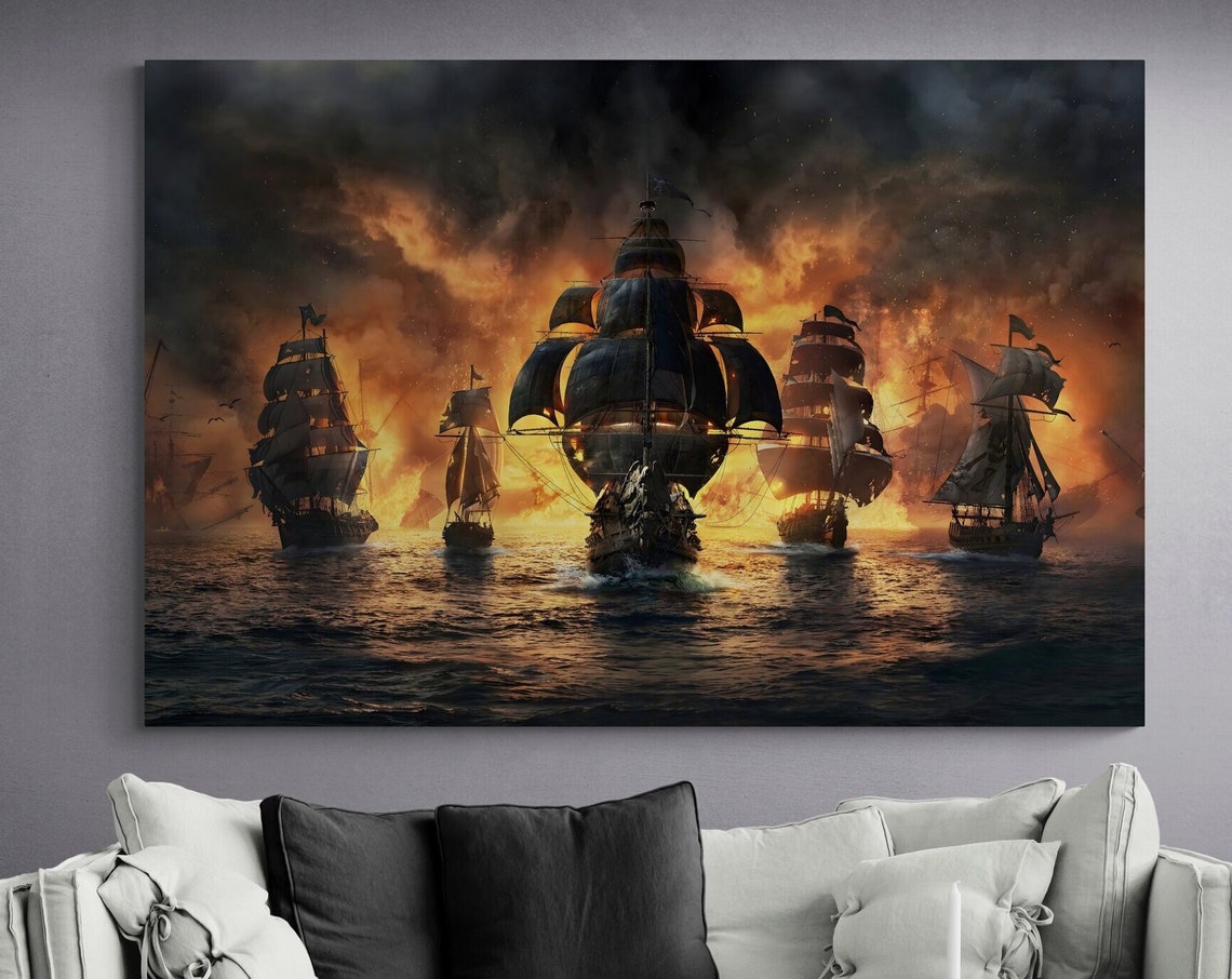 Epic Tall Ships Naval Battle Fiery Sunset Sea Ocean War Art Poster - Image 3