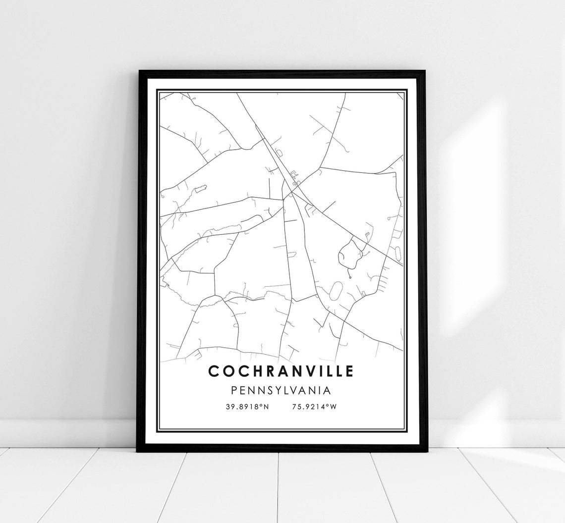 Cochranville Pennsylvania City Map Minimalist Black and White Print