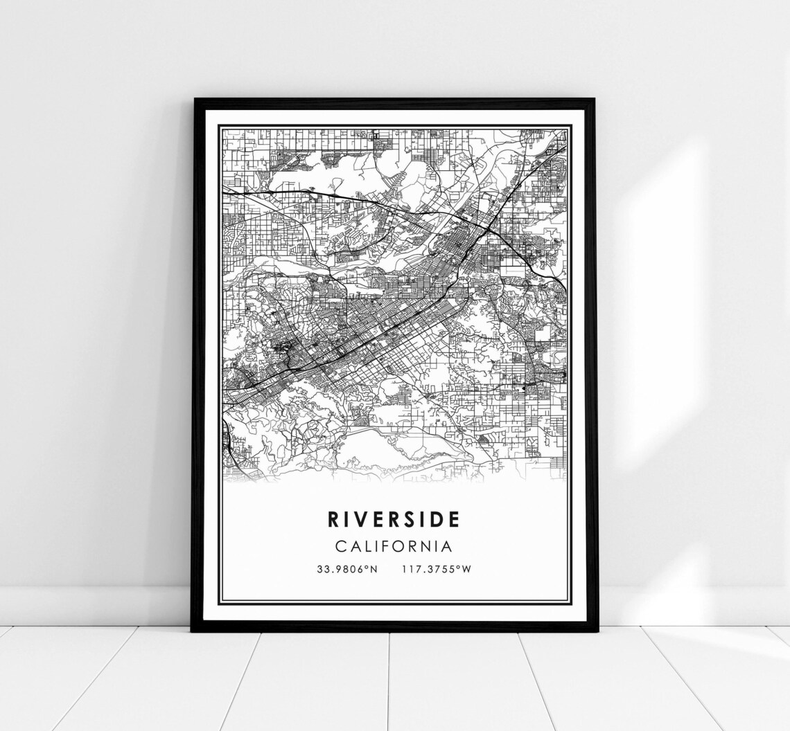 Riverside California City Street Map Black White Minimalist Decor Poster