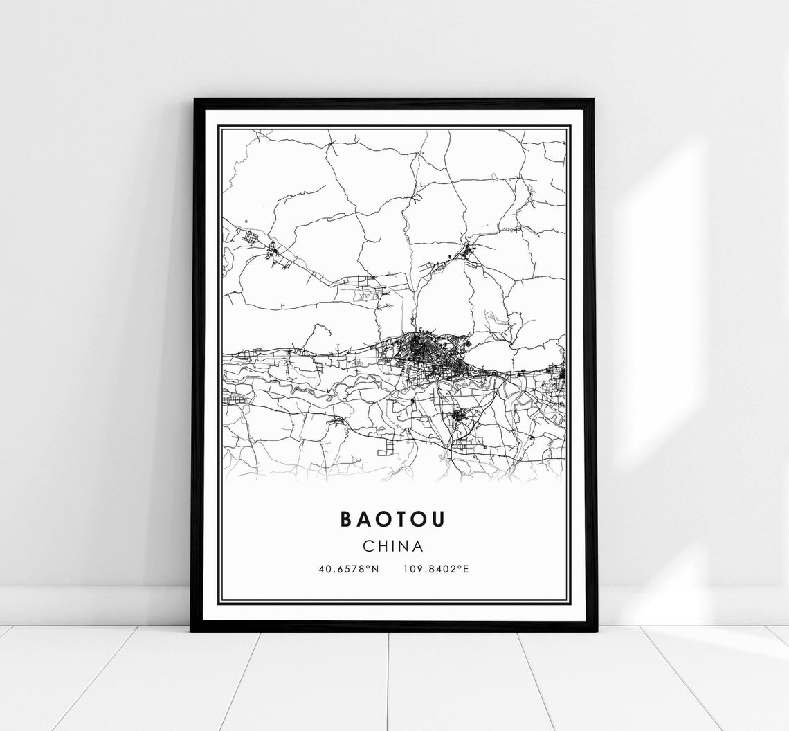 Baotou China Minimalist Black And White City Street Map Poster