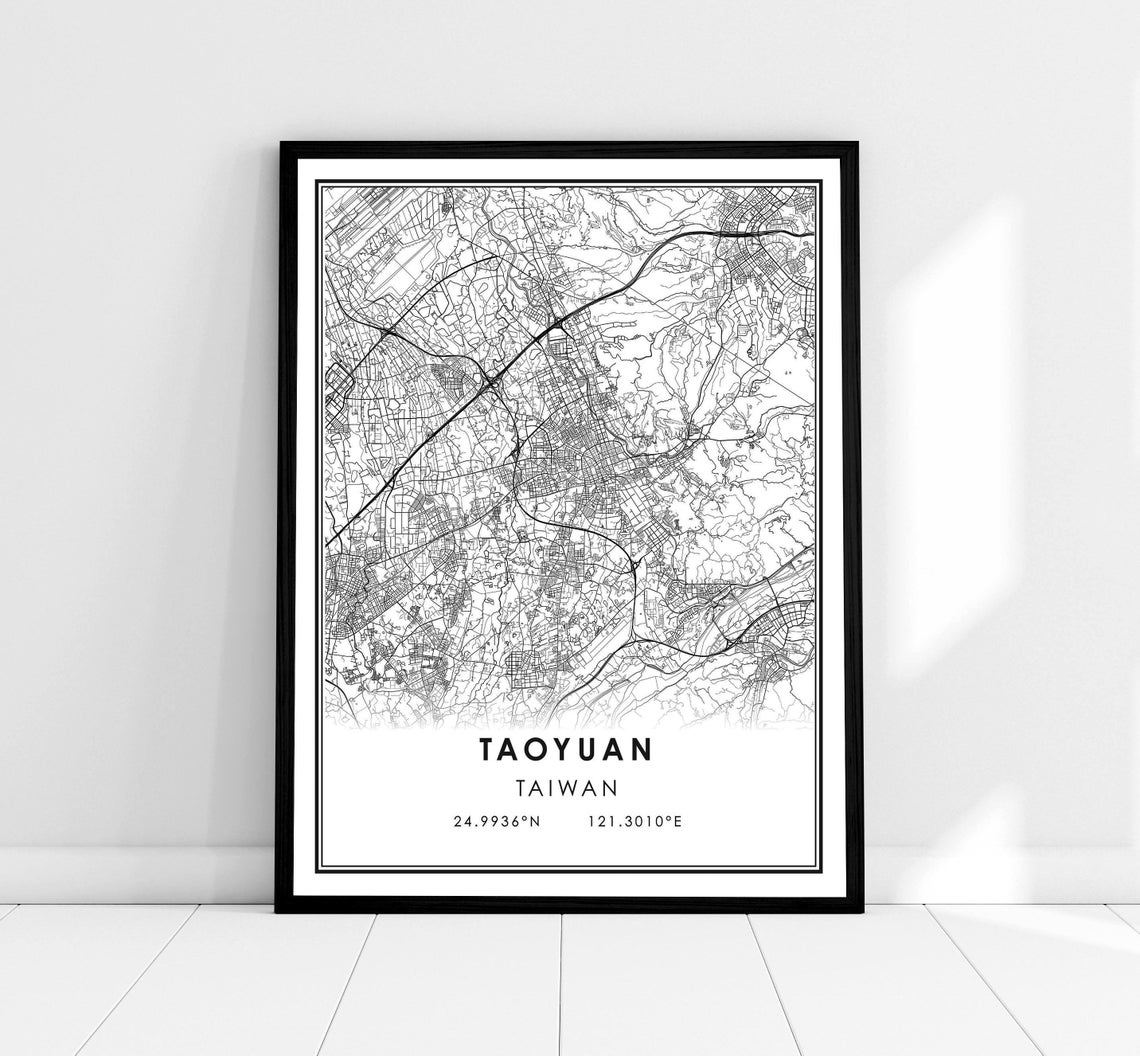 Taoyuan Taiwan Minimalist Monochrome City Street Map Wall Art