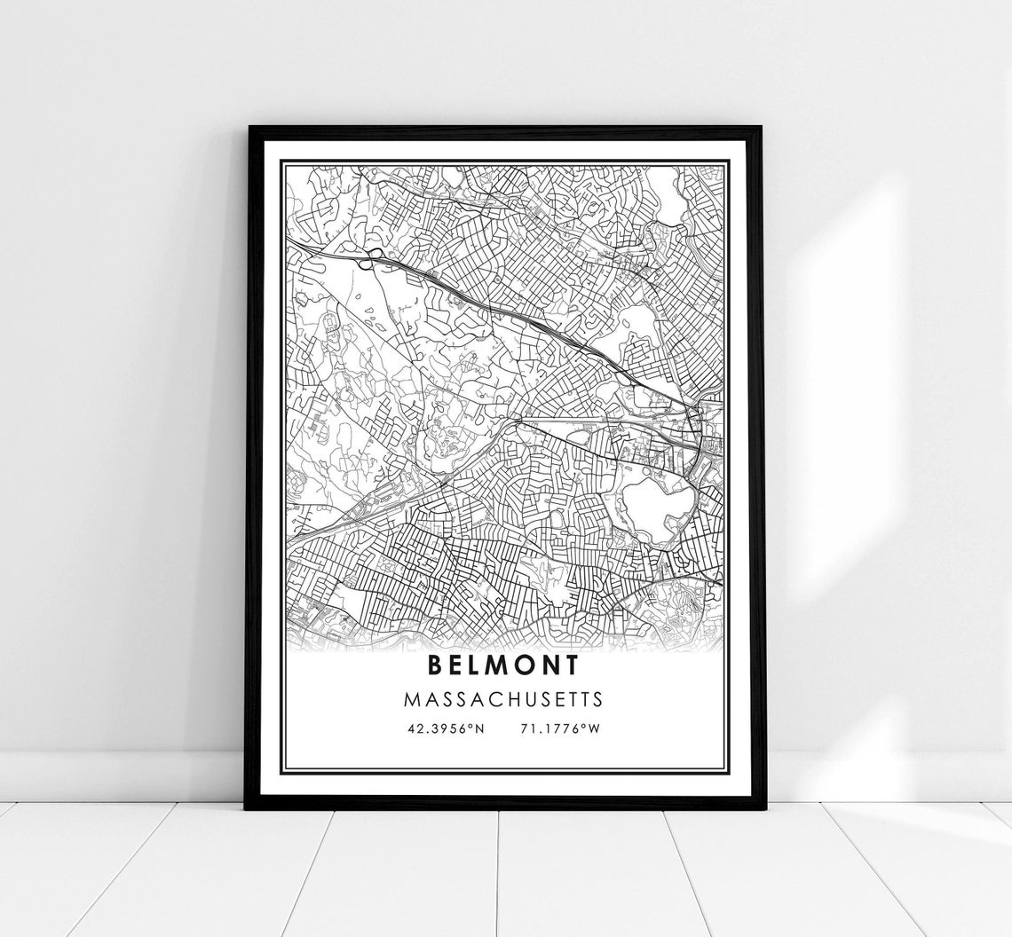 Belmont Massachusetts Minimalist Black White City Map Poster