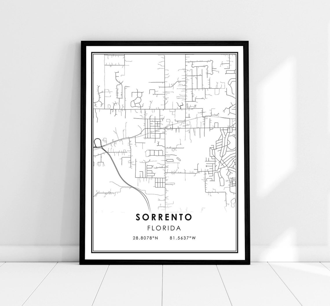 Sorrento Florida Minimalist Street Map Black and White Poster Artwork