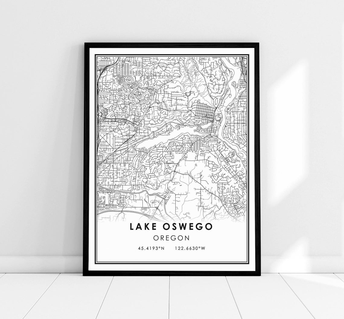 Lake Oswego Oregon Minimalist Street Map Black and White Print