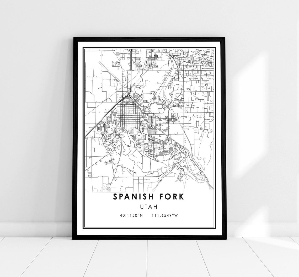Spanish Fork Utah Black and White Minimalist City Map Poster
