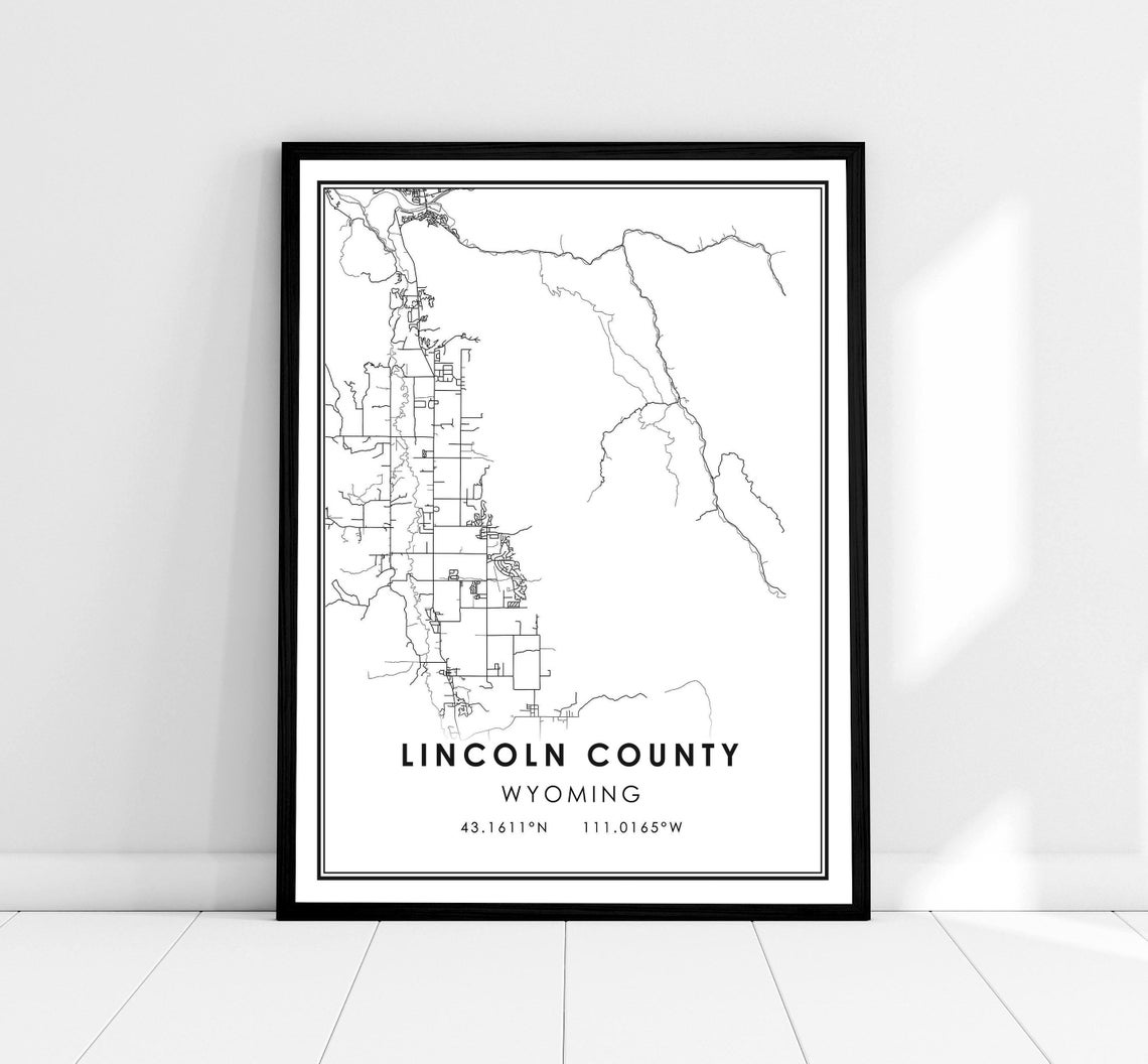 Lincoln County Wyoming Map Minimalist Black and White Wall Art