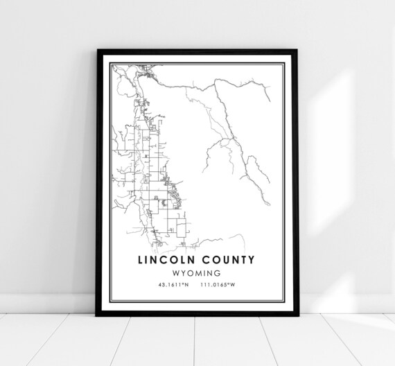 Lincoln County Wyoming Map Minimalist Black and White Wall Art