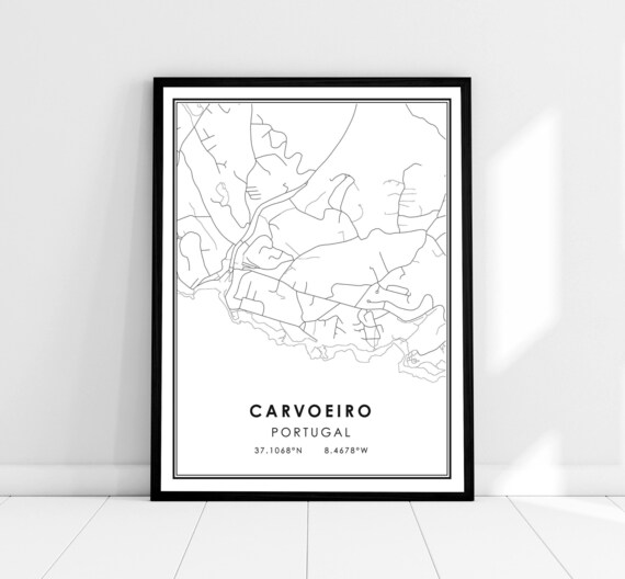 Carvoeiro Portugal Minimalist Black and White Line Art Map Wall Print