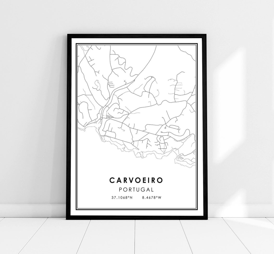 Carvoeiro Portugal Minimalist Black and White Line Art Map Wall Print