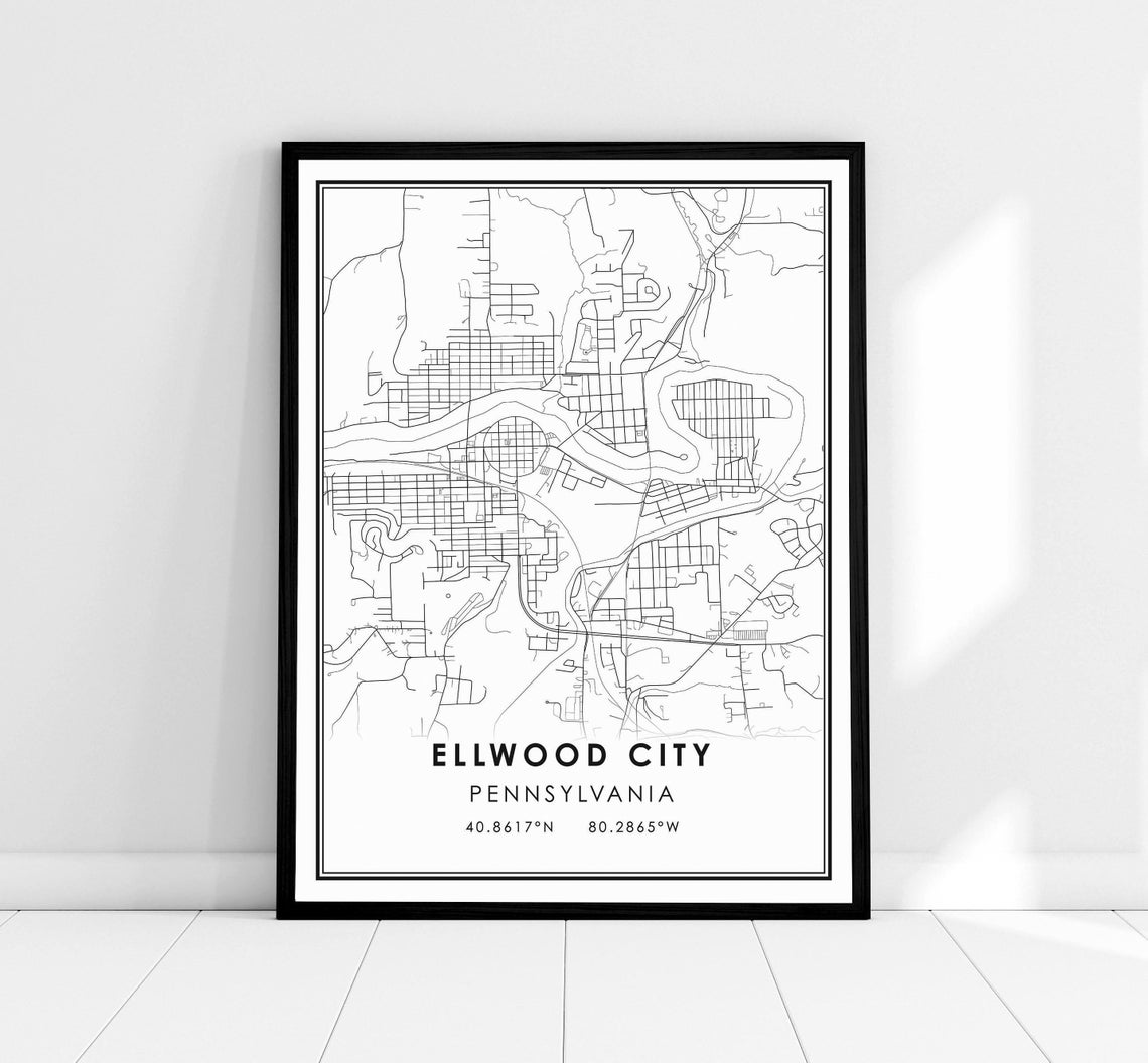 Ellwood City Pennsylvania Minimalist Downtown Street Map Poster