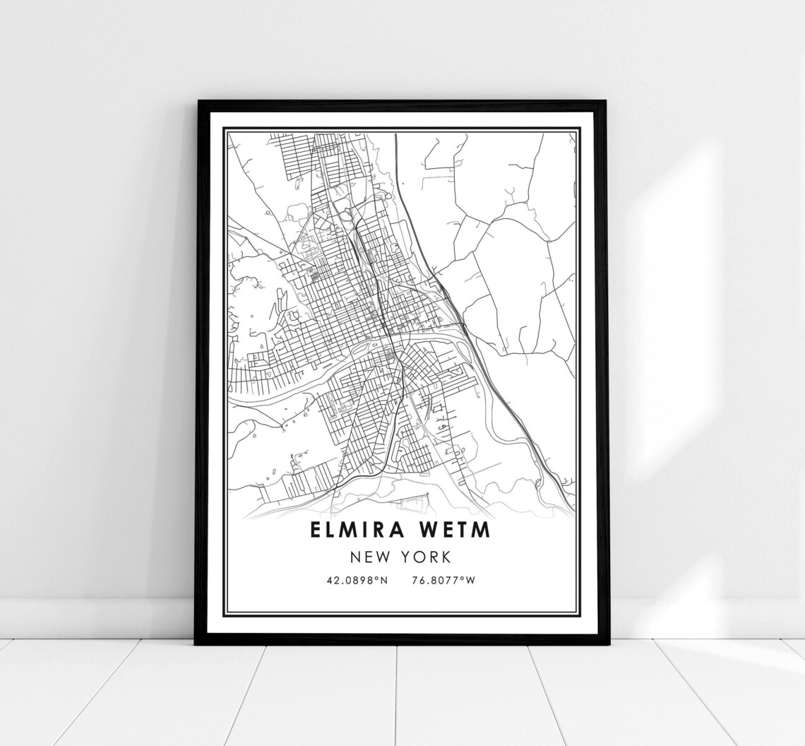 Elmira New York City Street Map Minimal Black and White Print