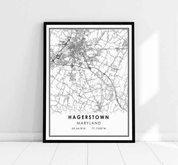 Hagerstown Maryland Minimalist Black White City Map Coordinates Poster