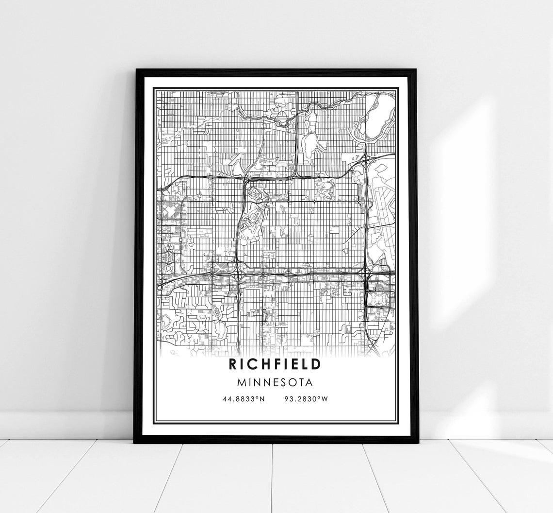 Richfield Minnesota City Street Map Black and White Minimalist Poster