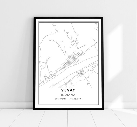Vevay Indiana Town Street Map Minimalist Black and White Wall Art