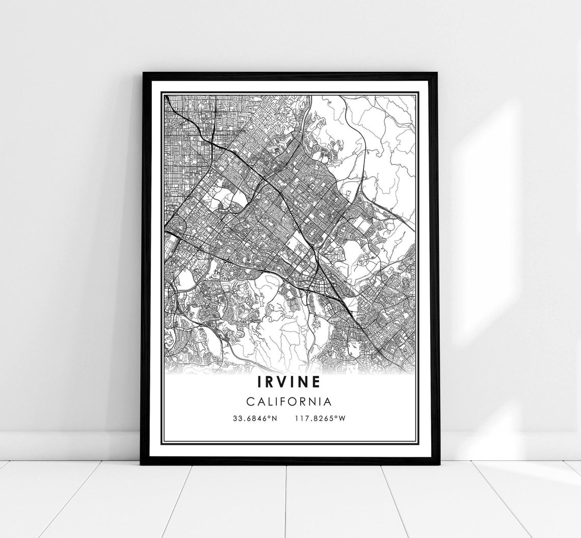 Irvine California Minimalist Black White City Street Map Poster