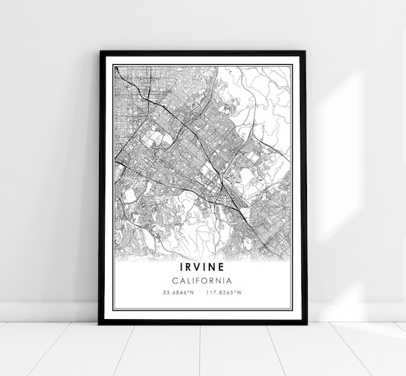 Irvine California Minimalist Black White City Street Map Poster