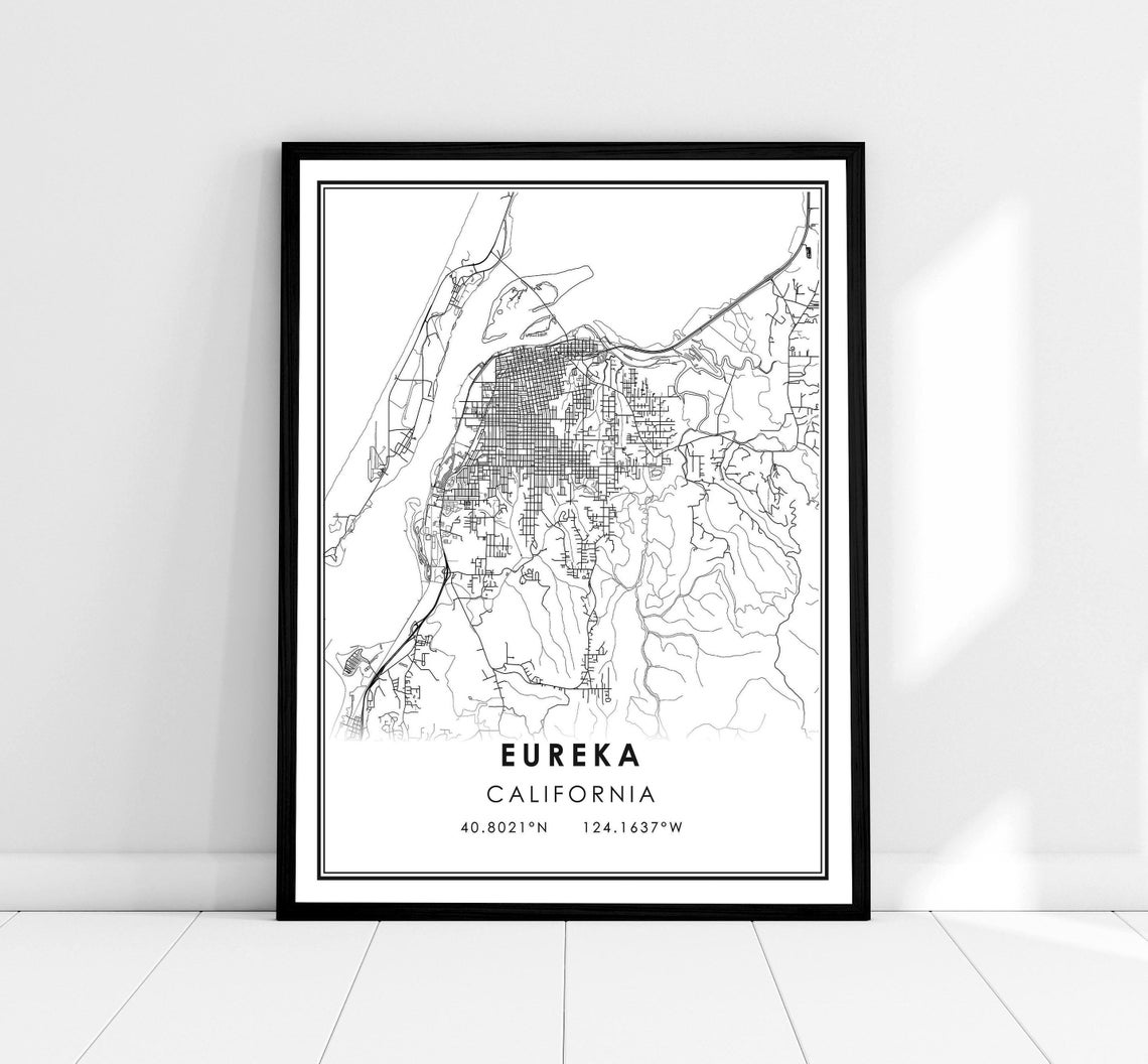 Eureka California Minimalist Black and White Line Art Map Wall Print