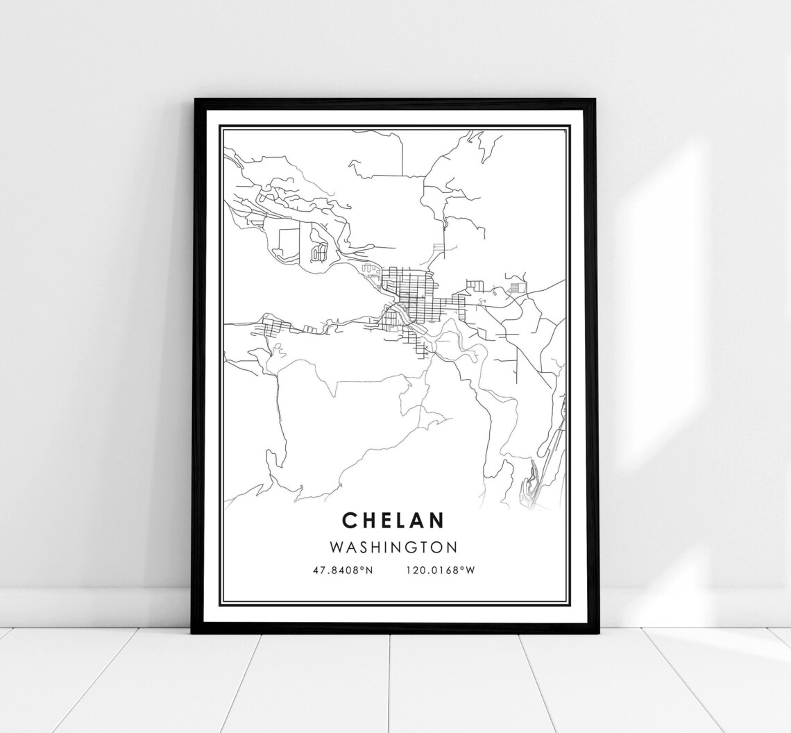 Chelan Washington Minimalist Street Map Black and White Line Art Poster