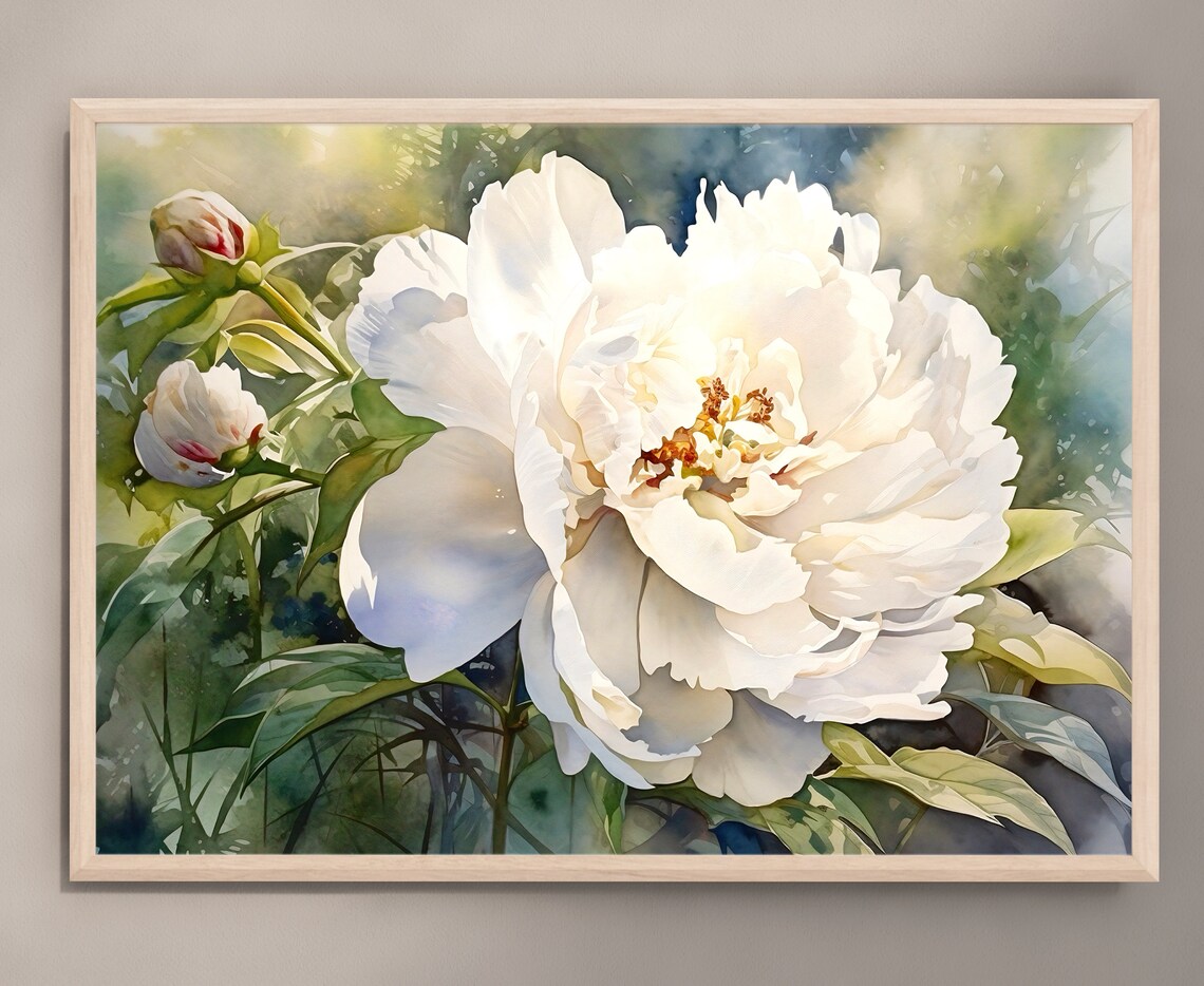 White Peony Blossom Close Up Botanical Watercolor Floral Art Print - Image 3