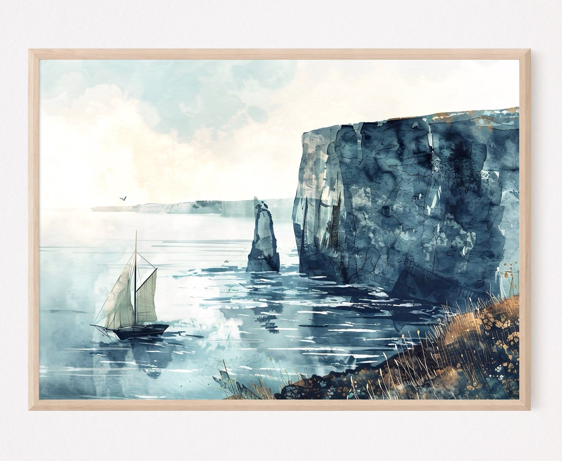 Sailboat By Blue Sea Cliffs Rocky Stack Watercolor Nautical Poster