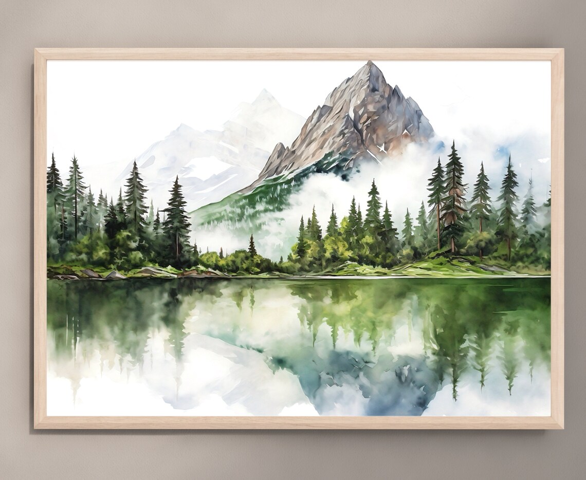 Mountain Lake Watercolor Landscape Art Print - Image 2