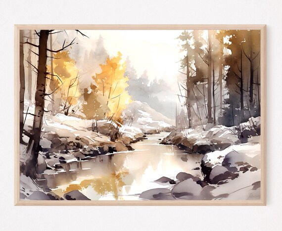 Winter River Through Snow Golden Autumn Trees Glow Watercolor Scene Poster