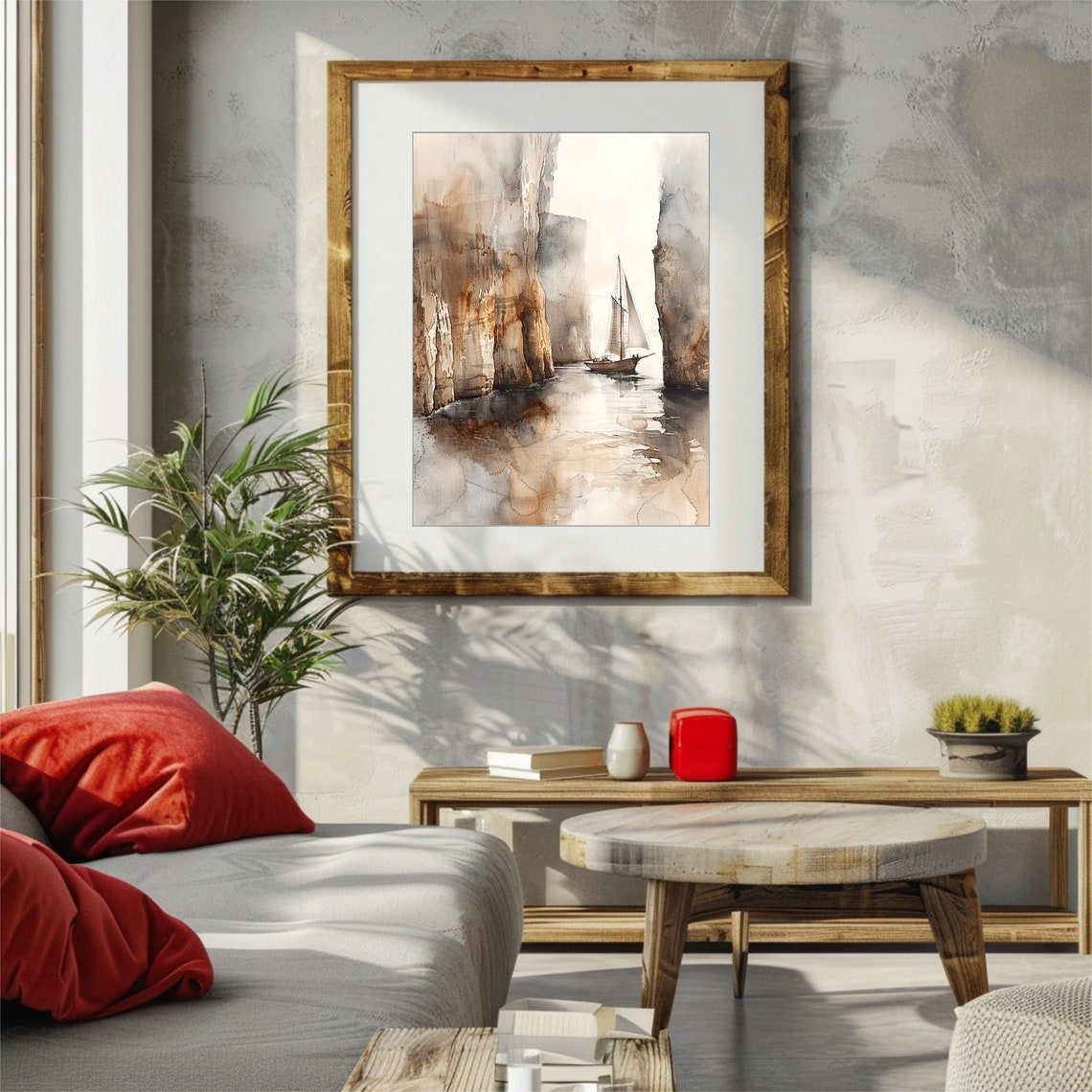 Sailboat in Narrow Sea Inlet Watercolor between Tall Cliffs Print - Image 4