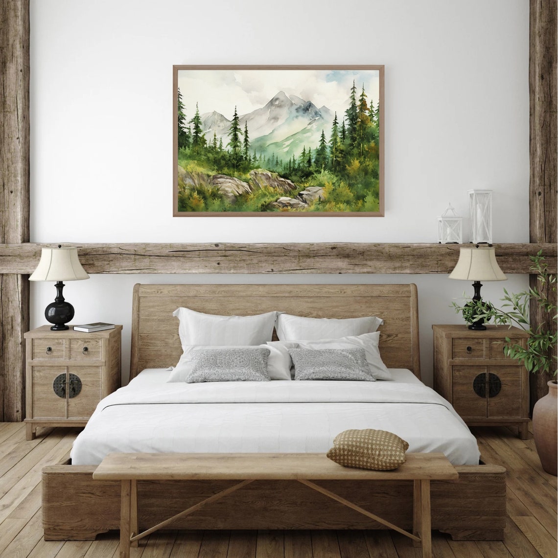 Green Pine Forest Mountain Backdrop Serene Watercolor Art Poster - Image 5