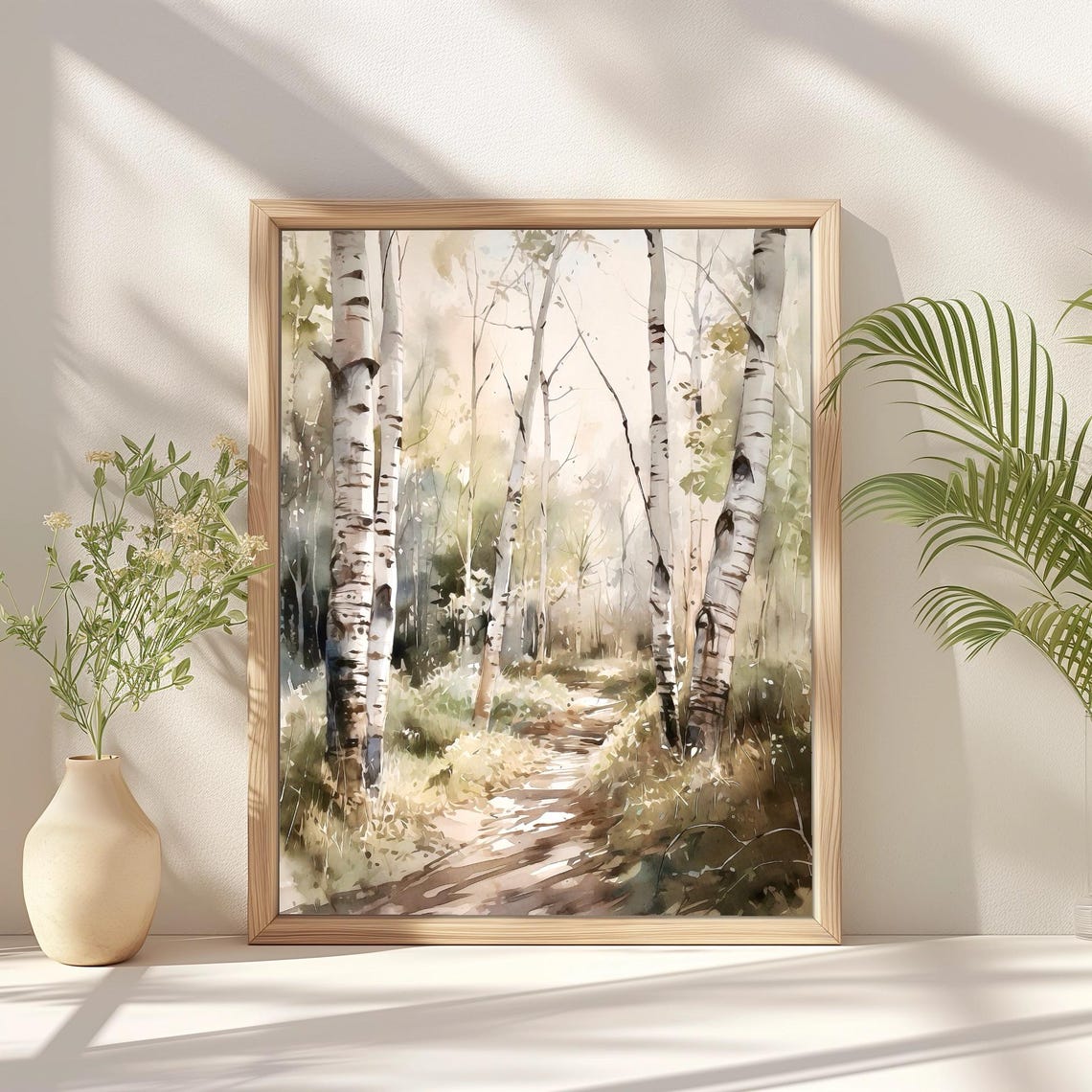 Misty Birch Forest Path Muted Earth Tones Calm Watercolor Poster - Image 2