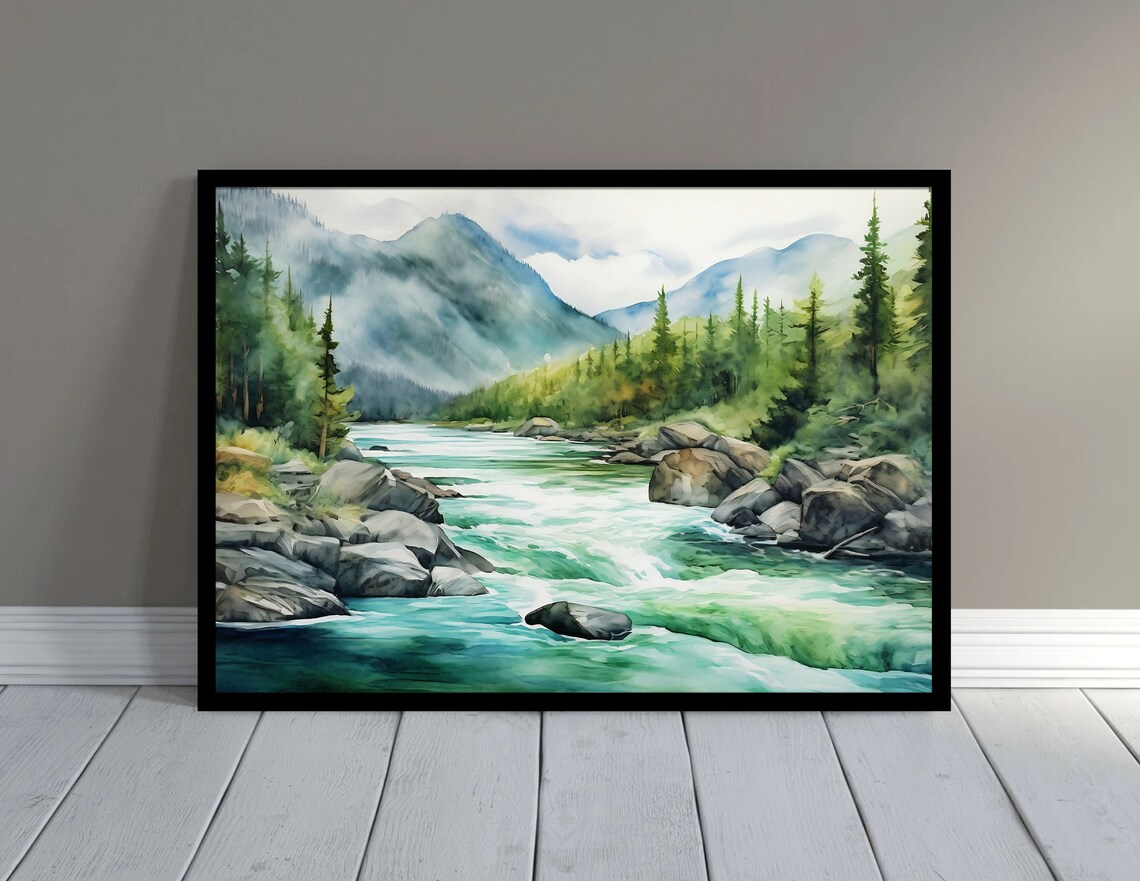 Mountain River Watercolor Art Print, Misty Forest Landscape - Image 4
