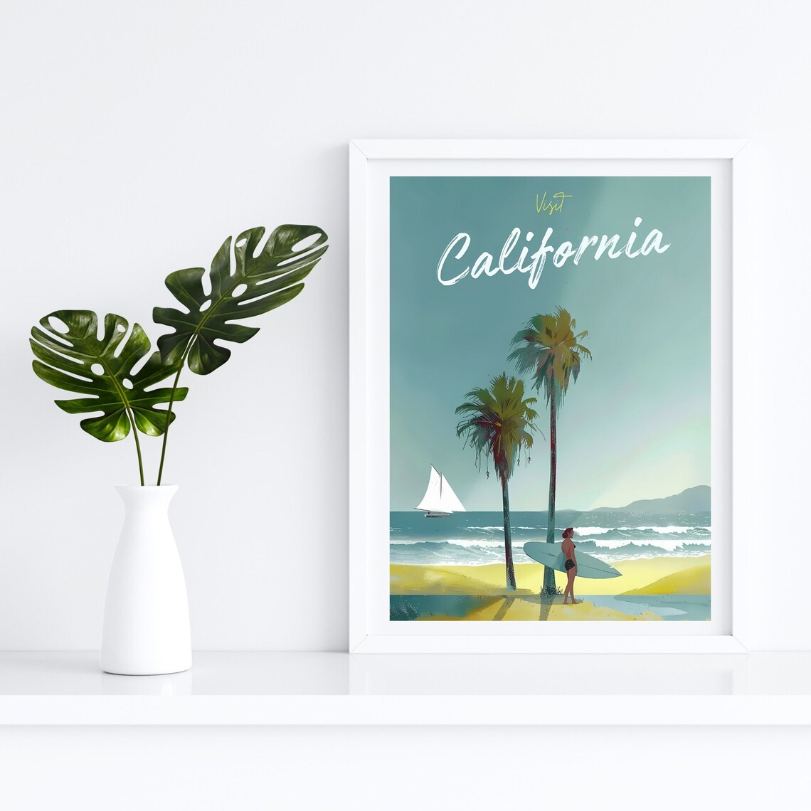 Visit California Vintage Surf Beach Palms Sailboat Travel Poster - Image 4
