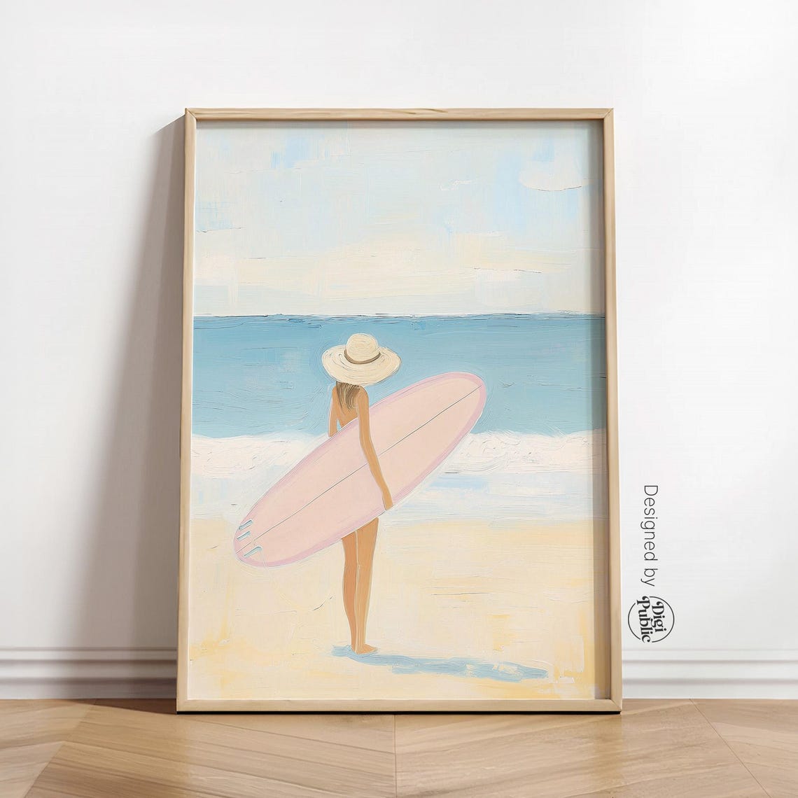 Surfer Girl Wall Art Print Beach Wall Poster Coastal Wall Art Pink Surfboard Art Print Summer Home Decor Print