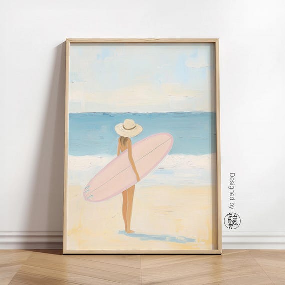 Surfer Girl Wall Art Print Beach Wall Poster Coastal Wall Art Pink Surfboard Art Print Summer Home Decor Print