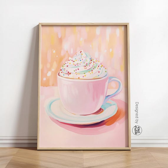 Pastel Coffee Cup Wall Art Whipped Cream Print Kitchen Wall Decor Pink And Orange Artwork Hot Chocolate Poster